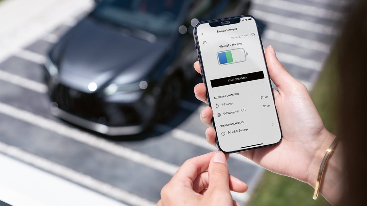 A mobile phone displaying the Remote Charging feature on the Lexus Link app